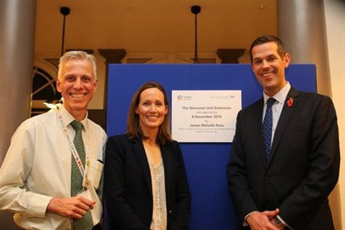 Dr Tim Watts with Georgie and James Melivlle-Ross after unveiling a plaque to mark the Neonatal Unit extension opening