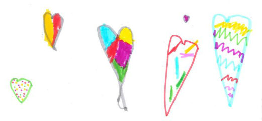 A child's drawing of colourful hearts.