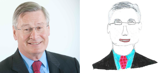 A photo of Sir Cyril Chantler next to a child's drawing of him
