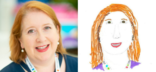 A photo of Kirsteen next to a child's drawing of her