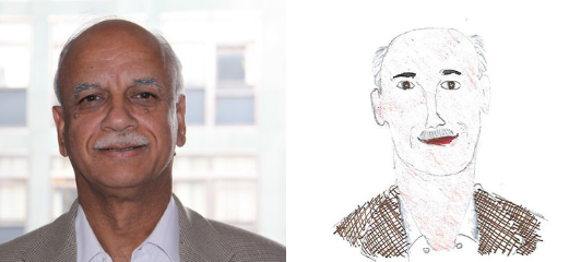 A photo of Professor Shak Qureshi next to a child's drawing of him