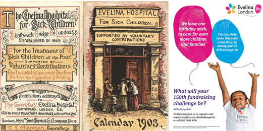 A calendar from 1903 mentioning fundraising activities, next to a modern fundraising poster.