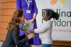 HRH The Duchess of Cambridge being greeted by Anna-Victoria, an Evelina London patient.