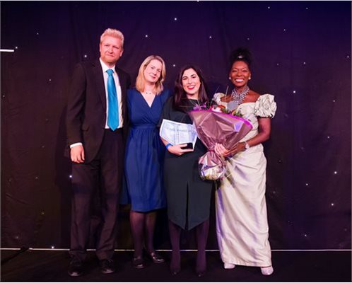 Left to right Mark Durenkamp, Imogen Durenkamp, Raquel Martins Pina and Baroness Floella Benjamin OBE