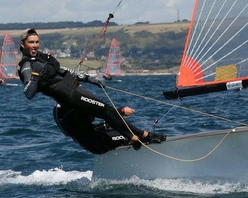 Evelina London patient and champion sailor Billy Vennis Ozanne sailing a two man boat