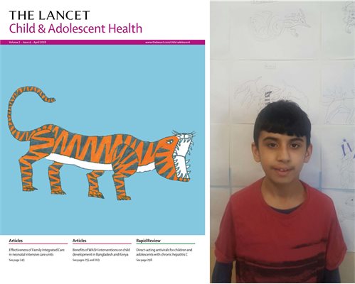 Lancet competition winner Faisal beside his tiger artwork appearing on the front cover of a journal