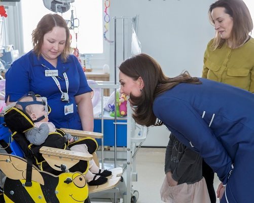 Her Royal Highness The Duchess of Cambridge meets a family on Snow Leopard ward.