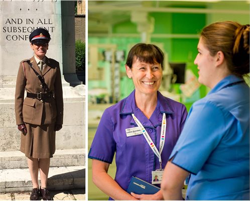Army reservist Louise Dewsbury in her army uniform and on the ward as a nurse