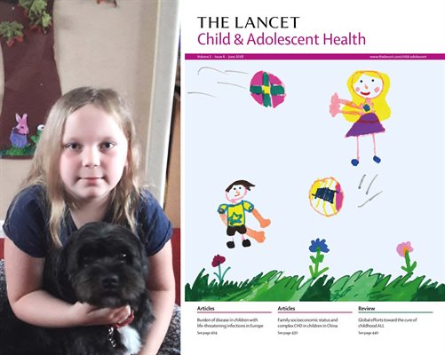 Young artist Amber posing with her dog Rosie next to an image of her artwork showing children playing on the cover the The Lancet medical journal