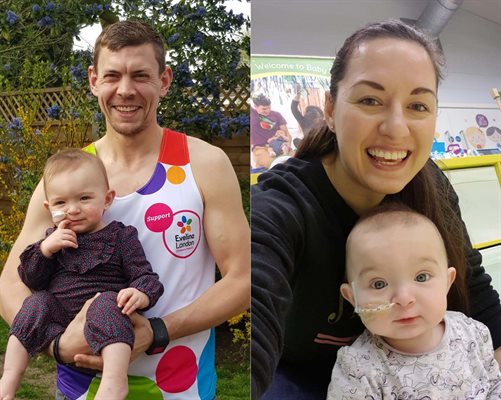 A mum and dad each pictured holding their baby