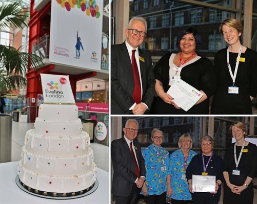 A birthday cake for Evelina London and outstanding staff collecting Evelina 150 Stars awards
