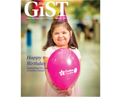 The cover of issue 32 of The GiST, featuring a little girl with a birthday hat and balloon. Words on the cover say &amp;quot;Happy Birthday Celebtrating 150 years of Evelina London&amp;quot;