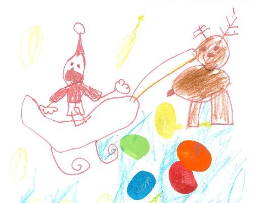 A child&amp;#39;s drawing of Santa in his sleigh with a reindeer and the Evelina London logo