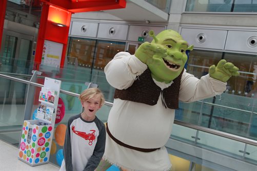 Shrek meets young patient Thomas Corbett at Evelina London