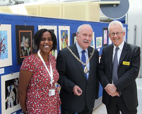 Headteacher Anne Hamilton, Mayor of Southwark Cllr Smith and Trust Chairman Sir Hugh Taylor at the Evelina Hospital School art exhibition
