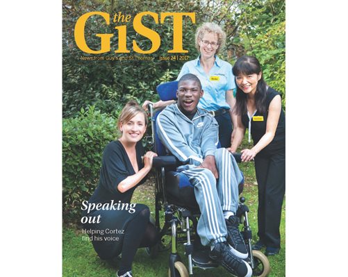 Front cover of The GiST magazine, showing a patient Cortez and the assistive communication team.
