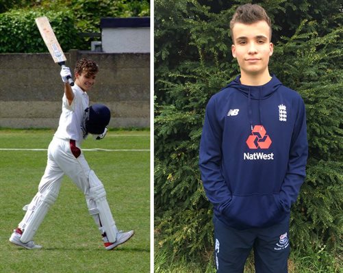 Two photographs of young cricketer Elliot Brown waving his bat on the cricket pitch and wearing his navy blue England Lion&amp;#39;s tracksuit