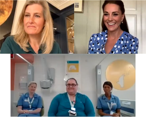 A photo showing HRH The Duchess of Cambridge, HRH The Countess of Wessex and three Evelina London nurses on a video call