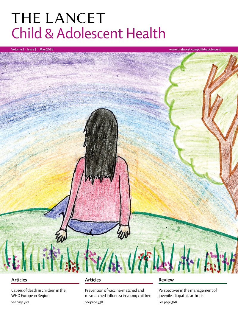 Lancet magazine cover art: Girl sat on a hill looking into the sunset by Emma