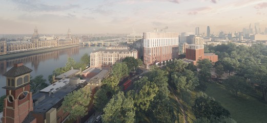 A computer generated image showing the aerial view of the new hospital building at sunrise