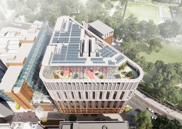Computer generated image showing the new hospital building at Evelina London, highlighting the new terrace