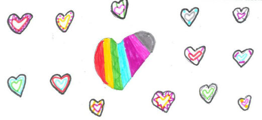A child's drawing of hearts, including one large rainbow heart.