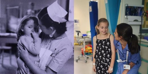 A black and white photo of a nurse comforting a girl next to a similar modern day photo
