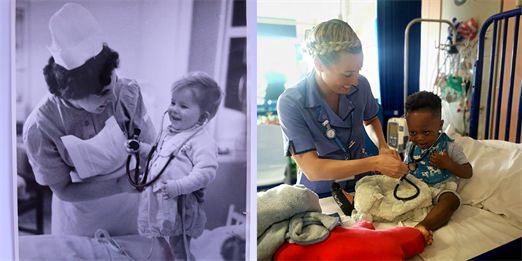 Nurses cheering up young children at Evelina London. One photo is in colour. The other is in black and white.