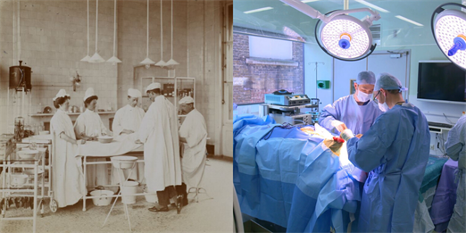 Surgeons operating on patients. One photo is in colour. The other photo is in black and white