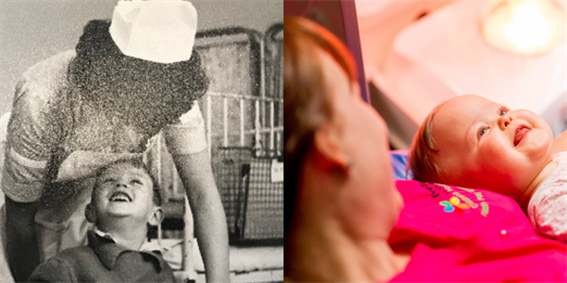 A black and white photo of nurse and a small child laughing next to a colour photo of a baby laughing with a play specialist.