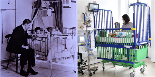 Two pictures of infants in cots at Evelina London. One is black and white. The other is in colour.