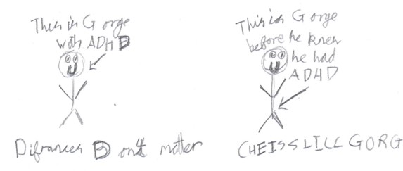 A child's drawing with words that say: "This is George with ADHD. Differences don't matter. This is George before he knew he had ADHD. He is still George."