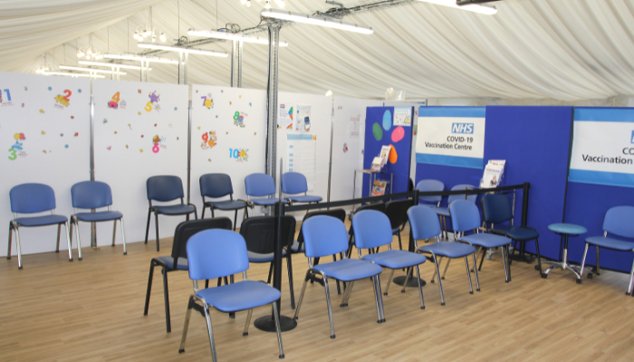 Waiting area inside the vaccination tent at St Thomas' Hospital.