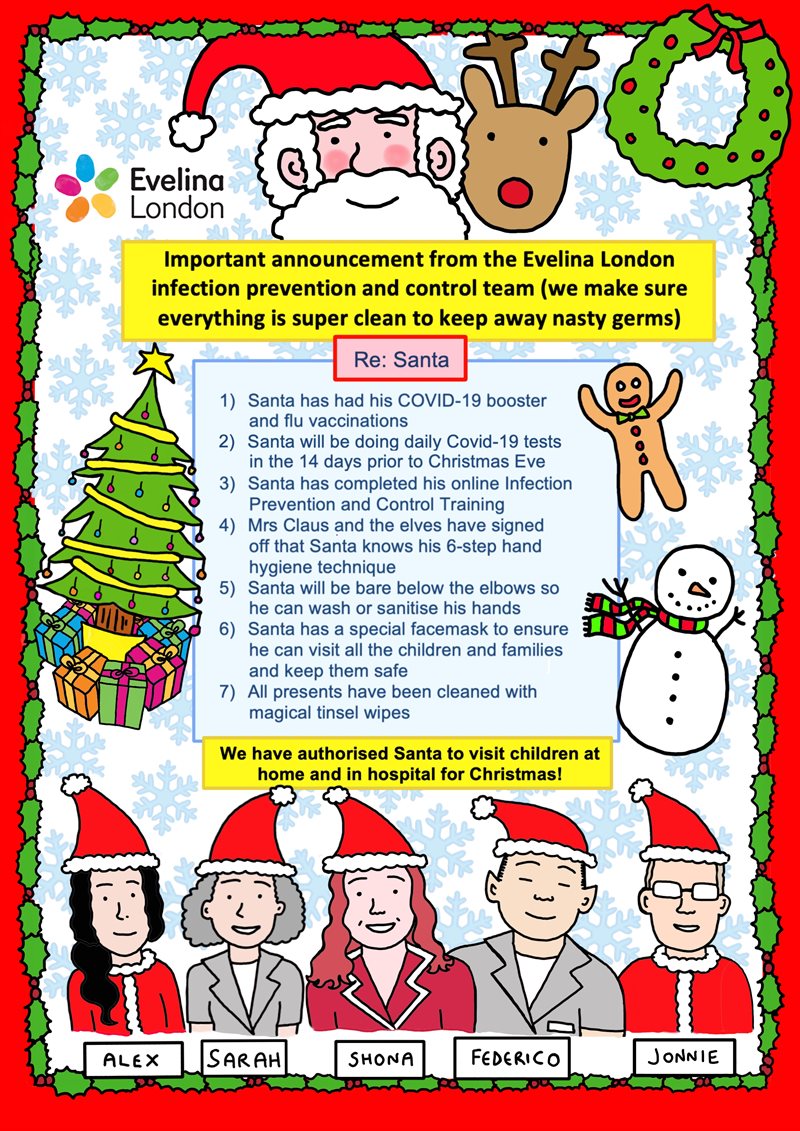 A poster explaining that Santa is safe to come to Evelina London from our infection control team.